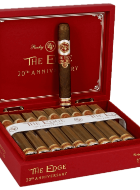 The Edge 20th Anniversary cigars with their premium packaging and bold, celebratory design.