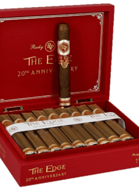 The Edge 20th Anniversary cigars with their premium packaging and bold, celebratory design.