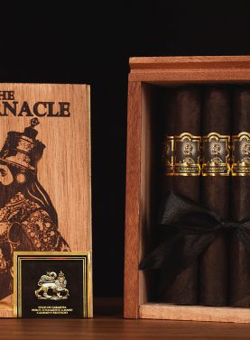 The Tabernacle Maduro cigar featuring a dark, oily Connecticut Broadleaf wrapper and a richly detailed band.