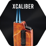 Marble mahogany Vector Caliber Lighter with double torch flame lit.