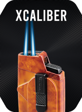 Marble mahogany Vector Caliber Lighter with double torch flame lit.