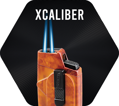 Marble mahogany Vector Caliber Lighter with double torch flame lit.