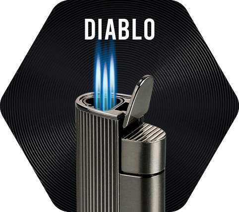 Gunmetal Vector Diablo Lighter with three torch flames lit.