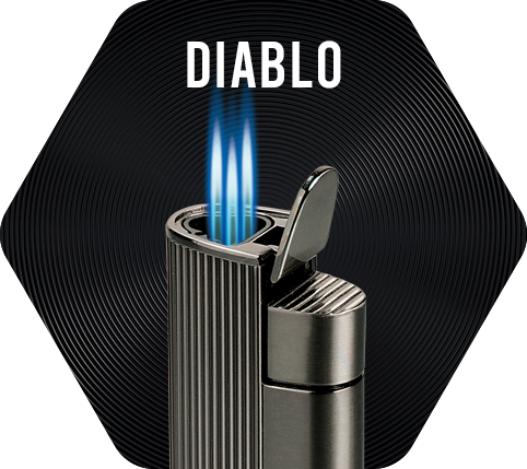 Gunmetal Vector Diablo Lighter with three torch flames lit.