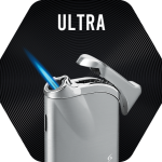 Silver Vector Ultra Lighter with a lit single torch flame.