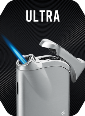 Silver Vector Ultra Lighter with a lit single torch flame.