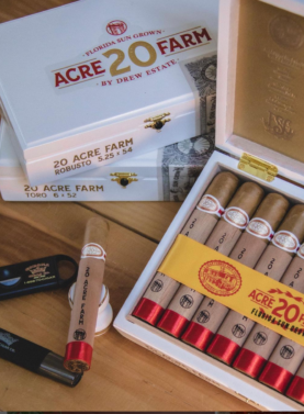 Open box of 20 Acre Farm cigars neatly arranged, showing smooth Connecticut wrappers