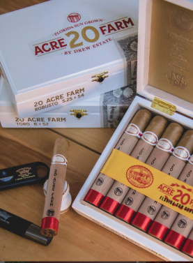 Open box of 20 Acre Farm cigars neatly arranged, showing smooth Connecticut wrappers