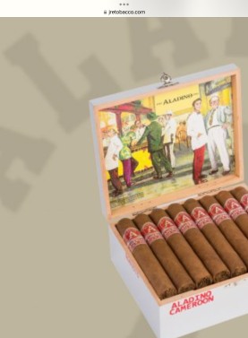 Open box of Aladino Cameroon cigars with reddish-brown wrappers and classic gold-and-red bands