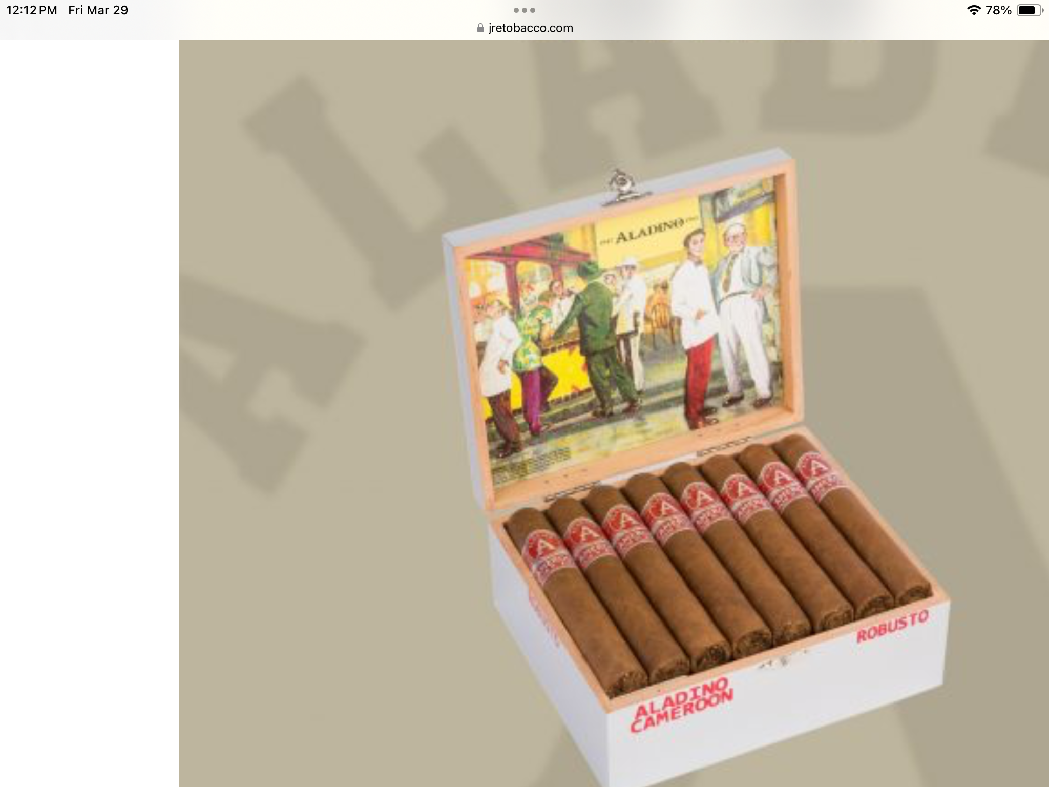 Open box of Aladino Cameroon cigars with reddish-brown wrappers and classic gold-and-red bands
