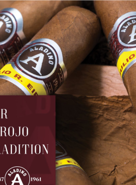 Open box of Aladino Corojo cigars with smooth, golden-brown wrappers and classic red-and-gold bands