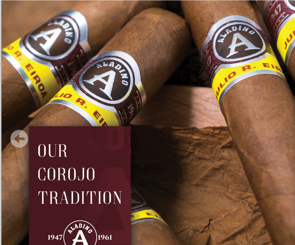 Open box of Aladino Corojo cigars with smooth, golden-brown wrappers and classic red-and-gold bands