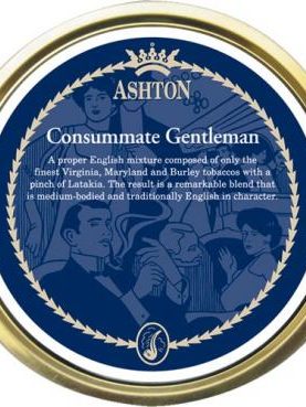 Ashton Consummate Gentleman pipe tobacco tin featuring a refined English blend of Virginia, Burley, and Latakia.