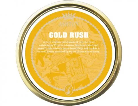Ashton Gold Rush pipe tobacco tin featuring a bright blend of flue-cured golden Virginia tobaccos.