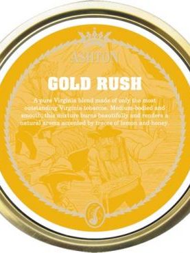 Ashton Gold Rush pipe tobacco tin featuring a bright blend of flue-cured golden Virginia tobaccos.