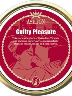 Ashton Guilty Pleasure pipe tobacco tin with an aromatic tropical blend of Virginia, Burley, and Black Cavendish.