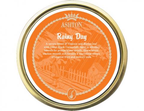 Ashton Rainy Day pipe tobacco tin with a smooth aromatic blend aged in whisky barrels.