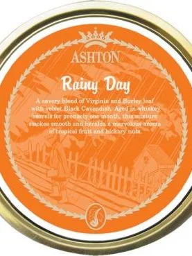 Ashton Rainy Day pipe tobacco tin with a smooth aromatic blend aged in whisky barrels.