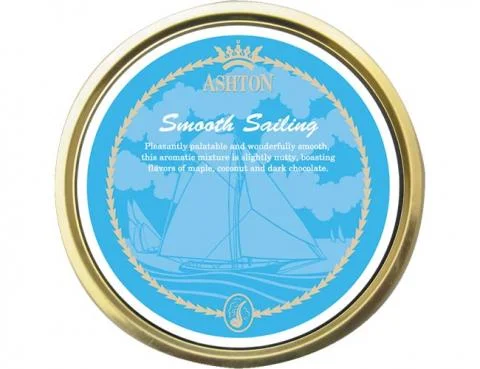 Ashton Smooth Sailing pipe tobacco tin featuring a flavorful blend with notes of maple, coconut, and dark chocolate.