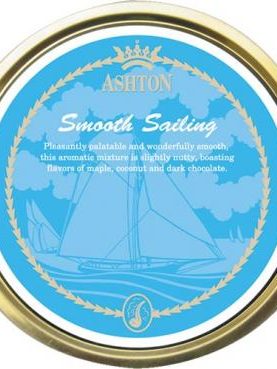 Ashton Smooth Sailing pipe tobacco tin featuring a flavorful blend with notes of maple, coconut, and dark chocolate.
