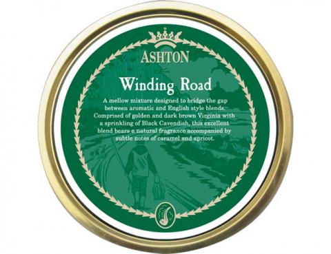 Ashton Winding Road pipe tobacco tin featuring a smooth Virginia and Burley blend with hints of caramel and vanilla.