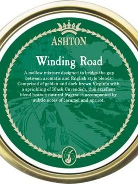 Ashton Winding Road pipe tobacco tin featuring a smooth Virginia and Burley blend with hints of caramel and vanilla.