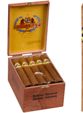 Single Baccarat Natural cigar displayed in front of an open box filled with matching cigars