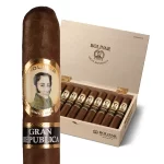 Single Bolivar Gran República cigar in front of an open box filled with matching cigars