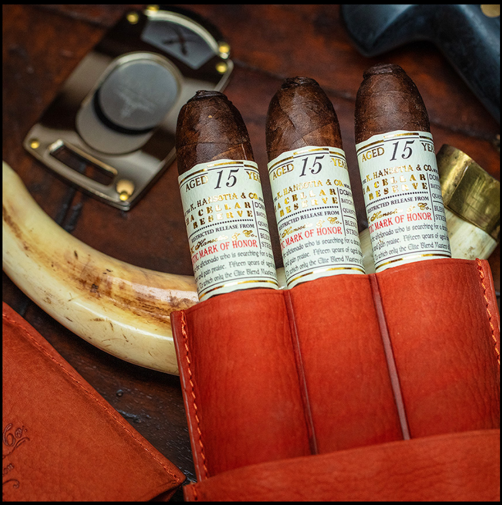 Three Gurkha Cellar Reserve 15 Year cigars in a leather travel case