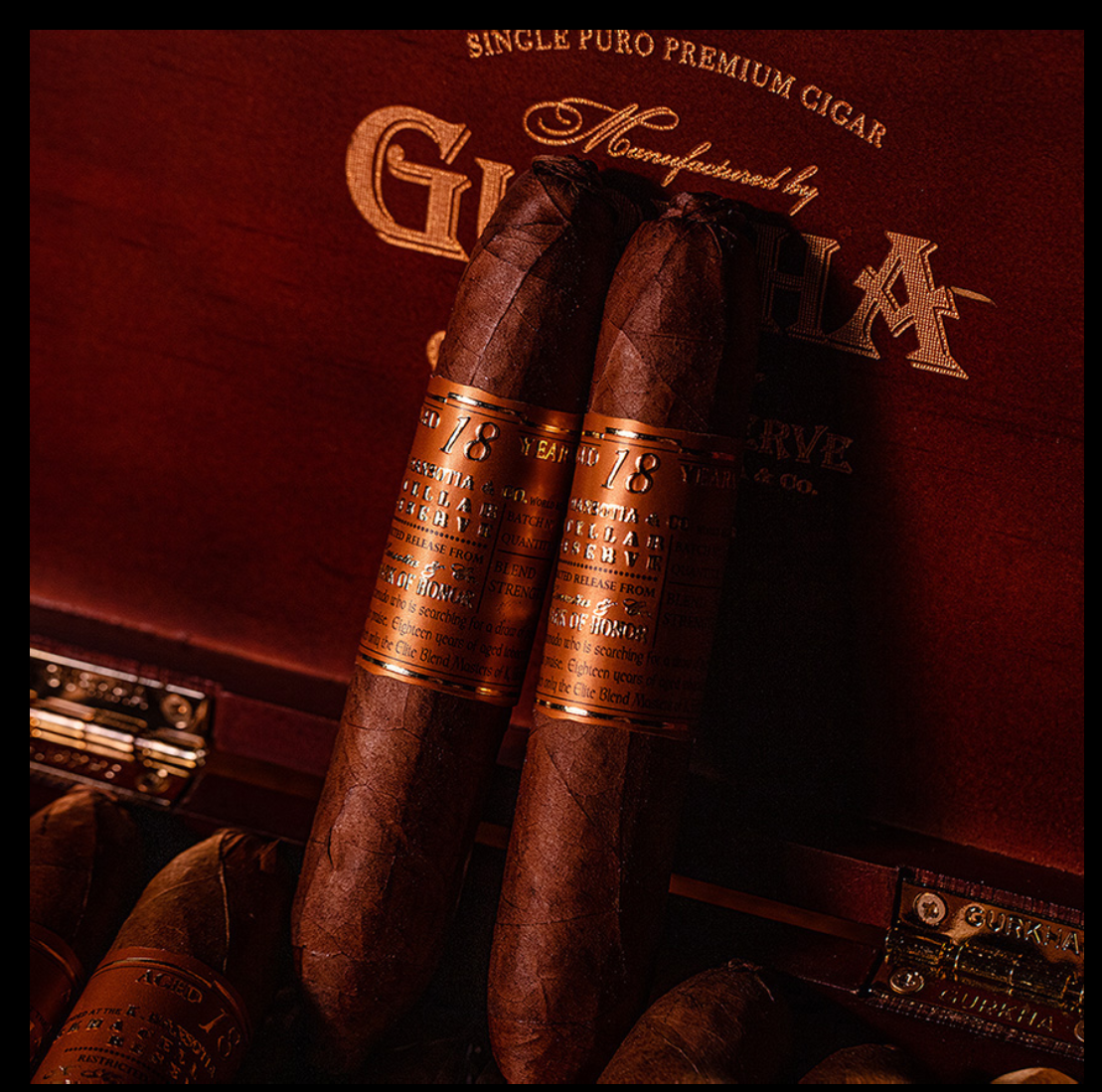 Two Gurkha Cellar Reserve Edición Especial 18 Year cigars resting on closed box