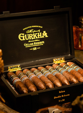Open box of Gurkha Cellar Reserve Limitada Maduro cigars with dark wrappers