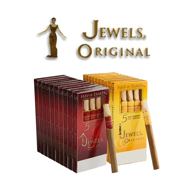 Two boxes of Hav-A-Tampa Jewels cigars with two individual cigars displayed in front