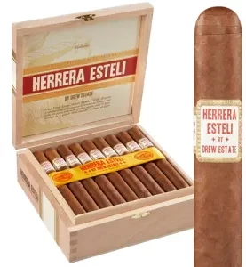 Open box of Herrera Estelí Habano cigars neatly arranged.