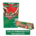 Single pack of Juicy Jay's Watermelon Flavor 1 1/4 rolling papers in the foreground with a closed display box in the background.