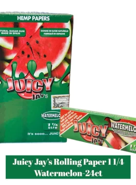 Single pack of Juicy Jay's Watermelon Flavor 1 1/4 rolling papers in the foreground with a closed display box in the background.