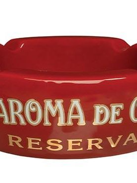 La aroma de Cuba branded cigar Ashtray in red ceramic with white logo and deep grooves