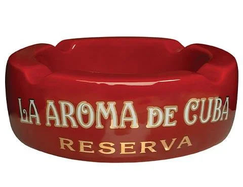 La aroma de Cuba branded cigar Ashtray in red ceramic with white logo and deep grooves