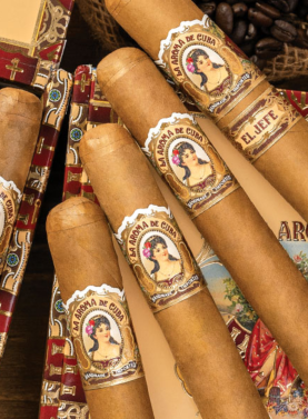 Box of La Aroma de Cuba Connecticut cigars featuring light Ecuadorian Connecticut wrappers and decorative bands.