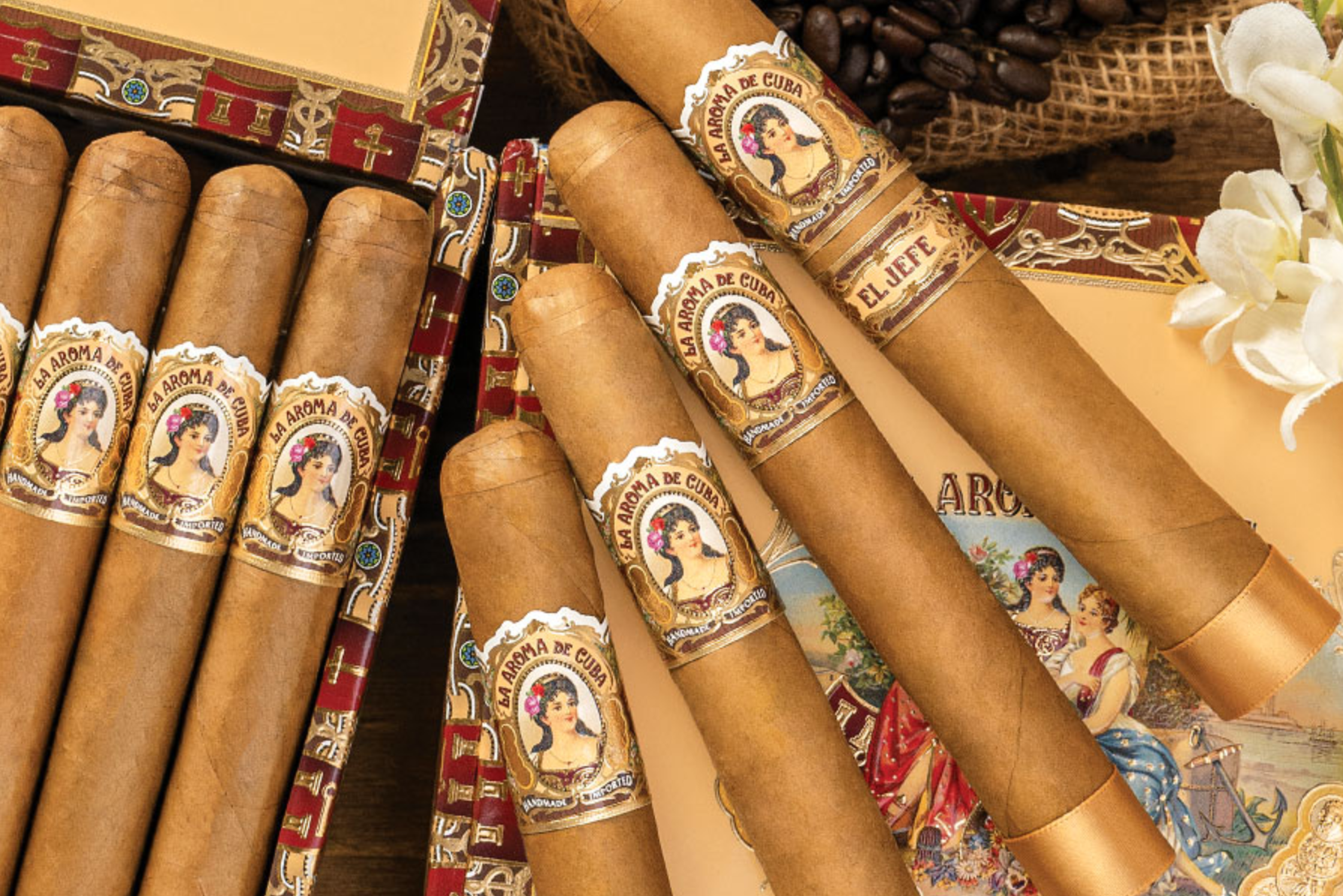 Box of La Aroma de Cuba Connecticut cigars featuring light Ecuadorian Connecticut wrappers and decorative bands.