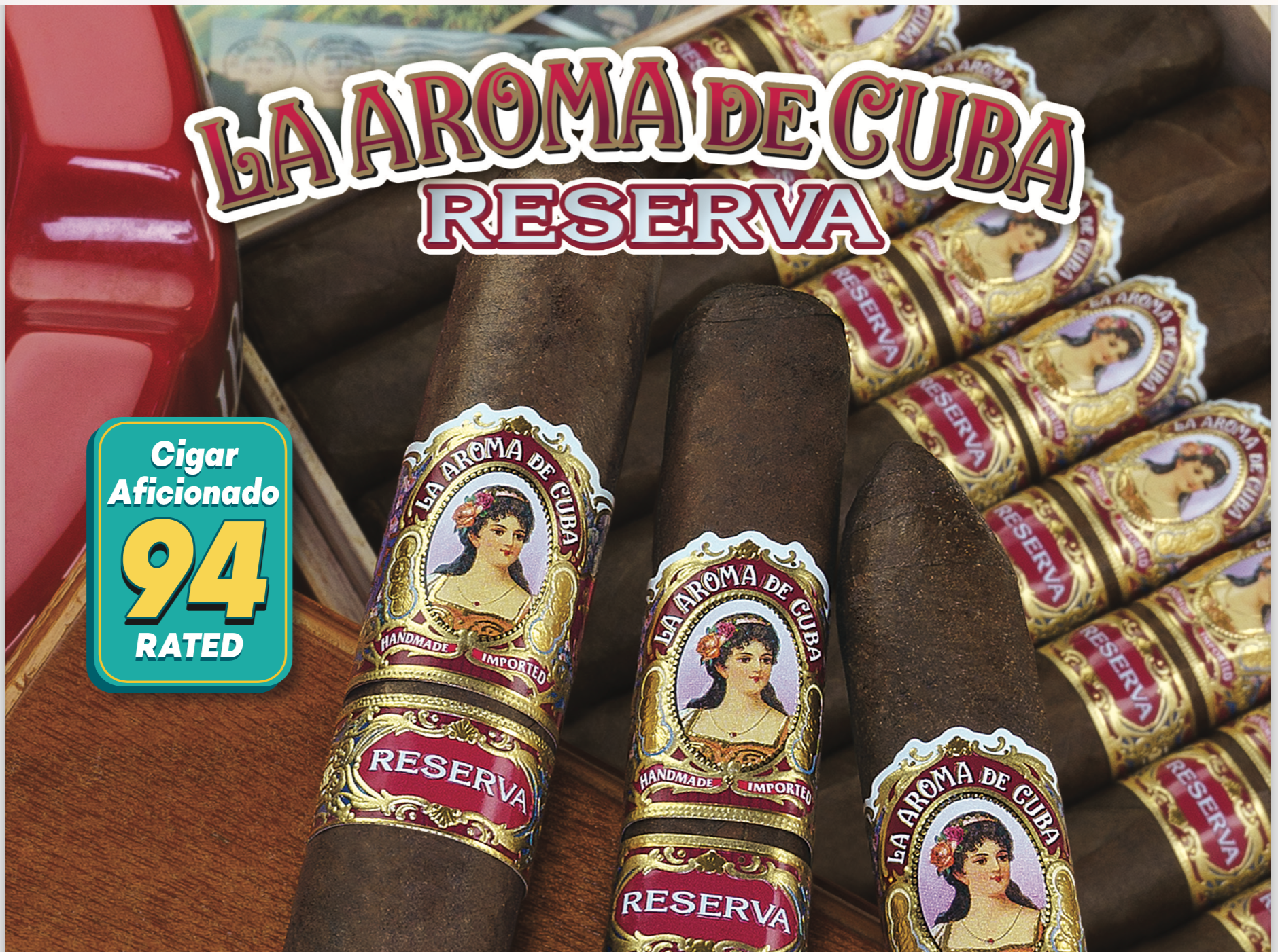 Box of La Aroma de Cuba Reserva cigars with dark, oily wrappers and vintage-style bands neatly arranged in cedar box.