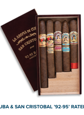 La Aroma and San Cristobal 92-95 Rated Assortment premium cigars displayed in a curated pack