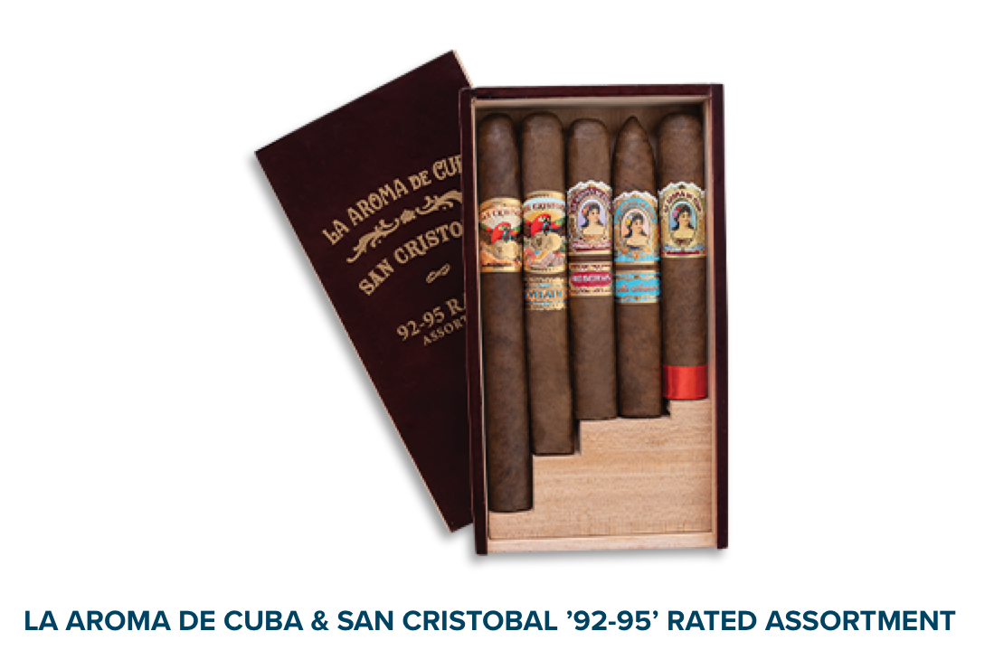 La Aroma and San Cristobal 92-95 Rated Assortment premium cigars displayed in a curated pack