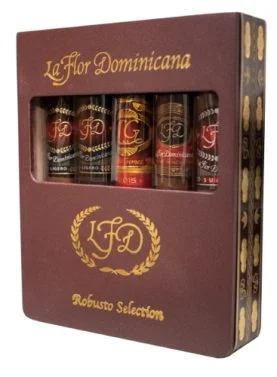 La Flor Dominicana Robusto Selection Sampler featuring an assortment of robusto cigars neatly arranged in a decorative box.