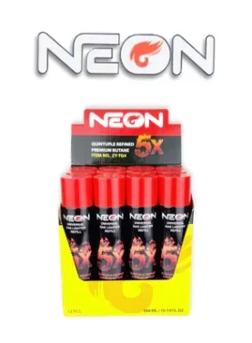 Open case of 12 Neon Butane 5X 300ml cans with brand logo in the background.