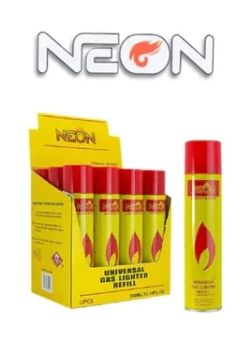 Single can of Neon Butane with an open display case of 12 cans.