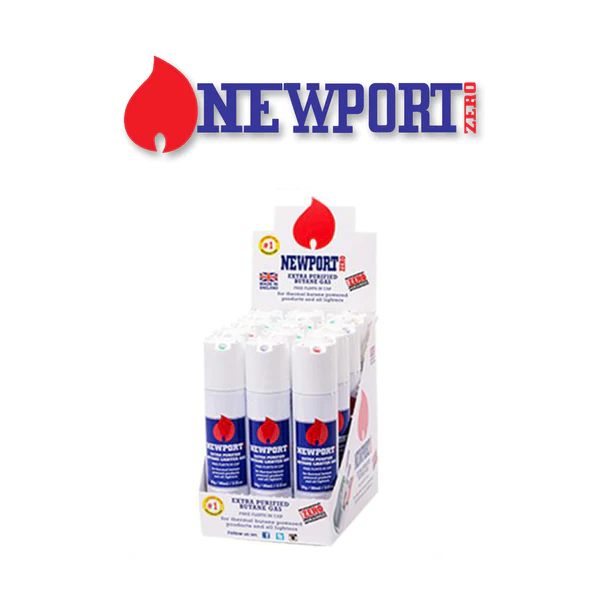 Open display of Newport Zero Butane 90ml cans arranged neatly in retail packaging.