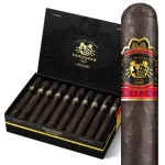 Open box of Partagás Black Label cigars with dark wrappers and bold black-and-silver bands.