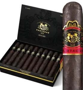 Open box of Partagás Black Label cigars with dark wrappers and bold black-and-silver bands.
