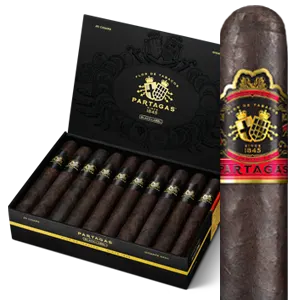 Open box of Partagás Black Label cigars with dark wrappers and bold black-and-silver bands.