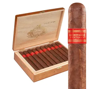 Open box of Partagás Legend cigars with dark Ecuadorian Sumatra wrappers and elegant red and gold bands